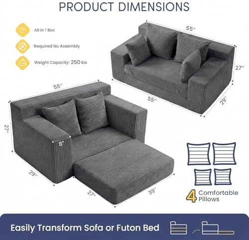 cidludto Couch Loveseat Sleeper, Convertible Sofa Bed Folding Couch Bed Foldable, 2 in 1 Chair Bed & Futon Sofa Bed, Small Pull Out Sofa with 4 Pillows for Living Room, Grey