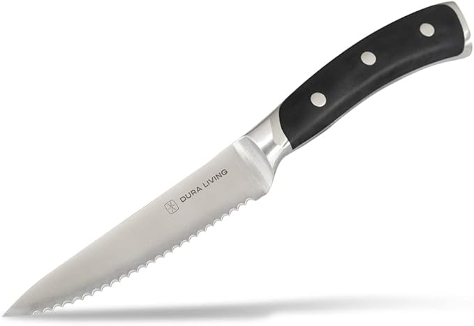8-Piece Serrated Kitchen Steak Knife Set – Forged High Carbon Stainless Steel, Ultra Sharp, Ergonomic Black Handles, Durable Dinner Knives, Black Handle