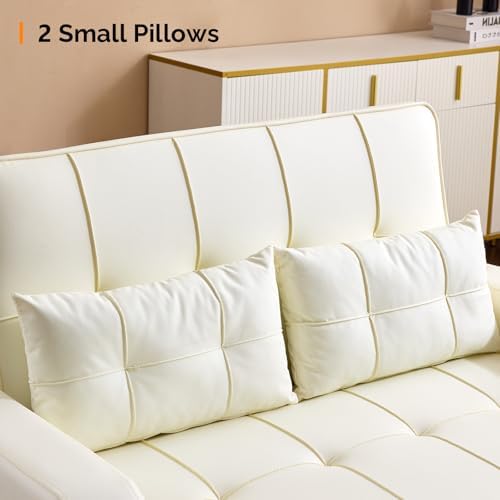 VINGLI Convertible Loveseat Sleeper Sofa Bed, Pullout Couch for Living Room | Beige Futon Sofa Bed, Faux Leather Pull-Out Couch Bed with USB Ports, Cup Holders for Small Space, Apartment, Office