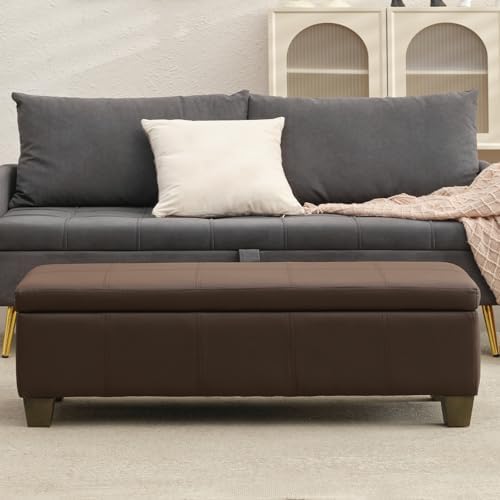 51 Inch Storage Ottoman, Storage Bench with Safety Hinge, Upholstered Synthetic Leather Ottoman Bench for Bedroom, Living Room, Entryway, Hallway, Foot Rest, Support 500lbs, Brown