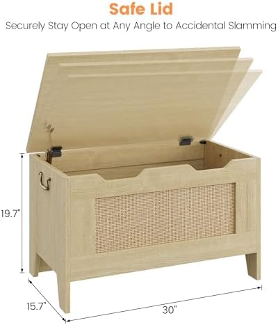 IDEALHOSUE 30” Storage Chest, Wooden Storage Bench with Safety Hinge, Retro Blanket Storage Trunk for Entryway, Living Room, Supports 350 lb, Light Oak