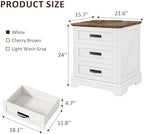 Whalefall 3 Drawers Farmhouse Nightstand with Charging Station, White | 22'' Wide Bedside Table for Bedroom, Large End Table with Storage for Living Room, Wooden Pedestal
