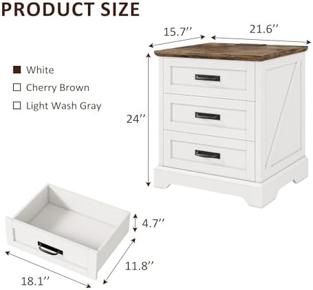 Whalefall 3 Drawers Farmhouse Nightstand with Charging Station, White | 22'' Wide Bedside Table for Bedroom, Large End Table with Storage for Living Room, Wooden Pedestal
