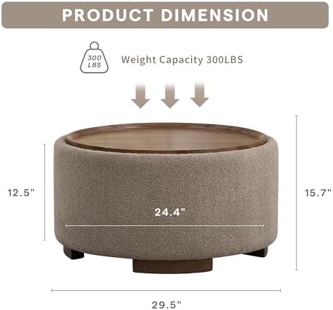 29.5 Inch Round Storage Ottoman Coffee Table, Brown Teddy | Modern Circle Coffee Table With Storage With Removable Lid Top and Solid Wood Legs, Round Ottoman for Bedroom, Living Room