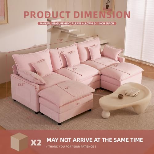 GOSUHI 108" U-Shaped Modular Cloud Couch, Deep Seat, Chenille Pink | Cloud Comfort, Couches for Living Room, Removable & Machine-Washable Covers, Movable Ottoman, Modular Sectional Sofa