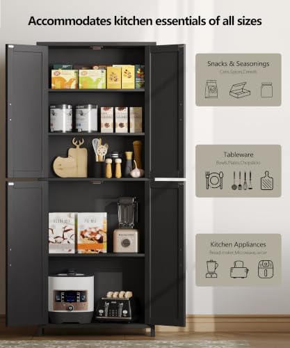 Akxomel 63''H Tall Farmhouse Bathroom Storage Cabinet with 4 Doors Black | Floor Storage Cabinet with Barn Doors, Adjustable Shelf, Pantry Cabinet for Kitchen, Laundry Room, Living Room, Entryway