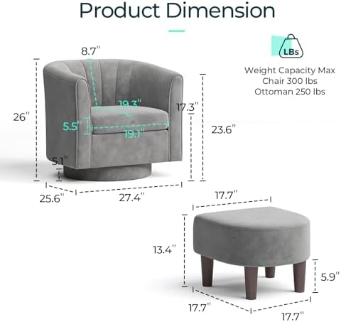 LINSY Swivel Accent Chair with Ottoman: Small Velvet Barrel Chair 360 Swivel Modern Armchair, Upholstered Reading Chair with Footrest for Living Room Bedroom Study Room (Grey)
