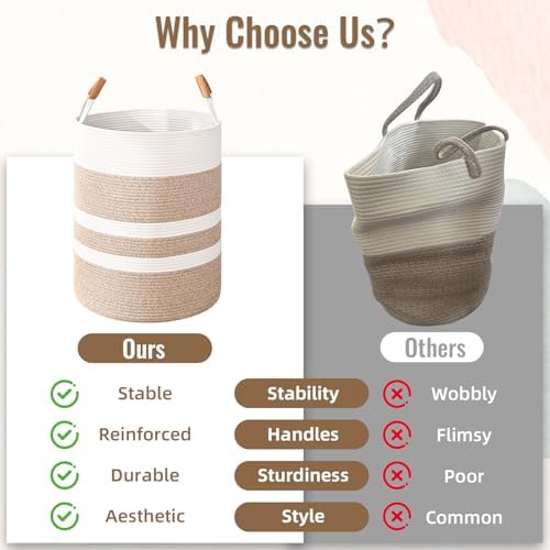 Large Laundry Basket, Laundry Hamper with Leather Handles, 60L Woven Dirty Clothes Hamper, Rope Hampers for Bedroom, Barthroom, Brown