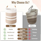 Large Laundry Basket, Laundry Hamper with Leather Handles, 60L Woven Dirty Clothes Hamper, Rope Hampers for Bedroom, Barthroom, Brown