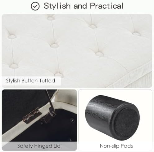 Furniliving 46.5‘’ Chenille Storage Bench, Button-Tufted Upholstered Storage Ottoman Bench with Safety Hinge, End of Bed Bench for Bedroom Entryway Living Room, Beige