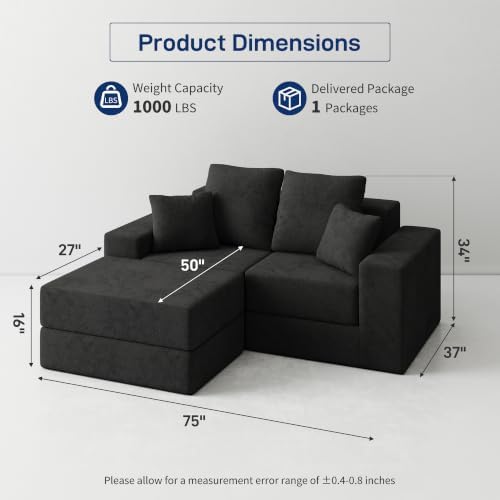 Cloud Modular Sectional Sofa, Comfy Couch for Living Room, Modern L-Shaped Couch with Reversible Chaise, Customizable Sleeper Sofa with Non Slip, No Assembly & Deep Seat, Black