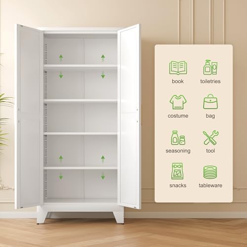 Washsemba 71'' Farmhouse Metal Storage Cabinet with Barn Doors,Steel File Cabinet for Home Office,Kitchen Pantry 4 Adjustable Shelves,Freestanding Cupboard for Kitchen,for Home Office,School (White)