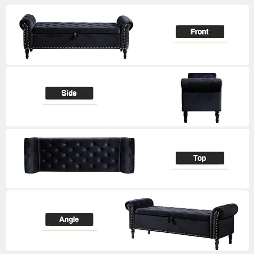 67'' End of Bed Storage Bench King Size, Storage Bench for Bedroom End of Bed, Upholstered Velvet Tufted Storage Ottoman Benches with Arms for Living Room, Entryway, Black