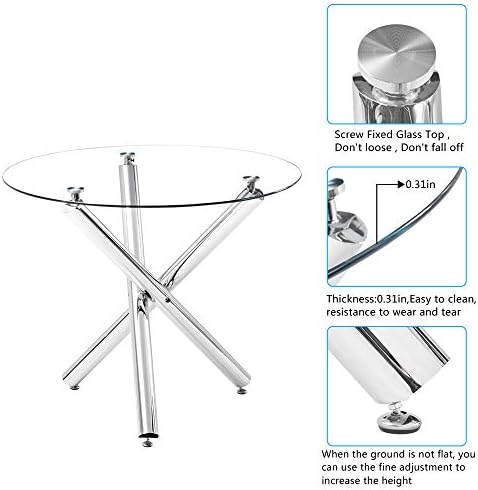36" Luxury Silver Glass Dining Room Table Set for 4, 5-Piece Round Kitchen Dining Table Set with Cross Metal Legs and 4 Beige Velvet Upholstered Chairs, Glass Kitchen Table and Chairs Set