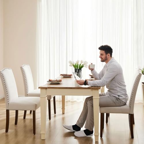 Kitchen Chairs Set of 6 Modern Upholstered Fabric Seat with Nailhead Trim and Ergonomic Lumbar Support for Living Room and Rustic Farmhouse Dining Area, Beige