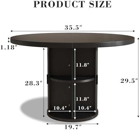 35.5'' Round Pedestal Dining Table, 2-4 Modern Fluted Dining Room Kitchen Table with Storage Shelf, Wood Base Dinner Tables for Kitchen, Breakfast Nook, Small Space, Living Room(Black)