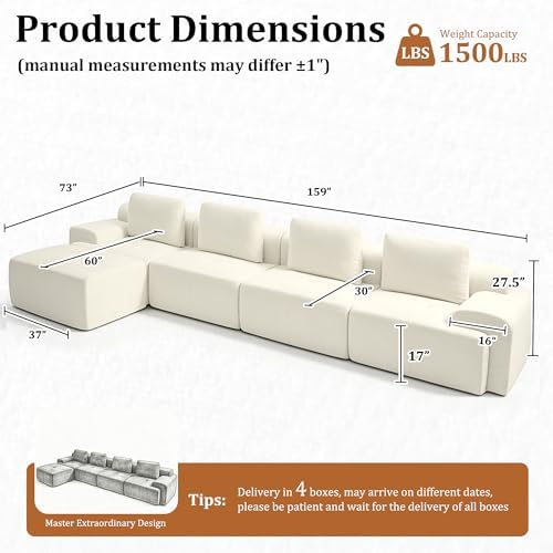 159" L Shaped Oversized Couch, Comfort Cloud Sectional Couches for Living Room, Modular Sofa High Back & Extra Deep Seat, No Assembly, Chenille (Warm White, 159 inch-L Shaped（4+1）)