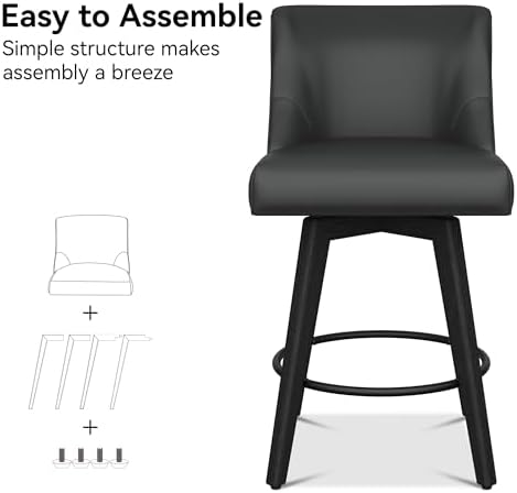 26" Counter Height Swivel Bar Stools, Set of 4, Black Grey | Faux Leather Upholstered Counter Barstools with Backs, Solid Wood Legs for Kitchen Island, Home Bar Chairs