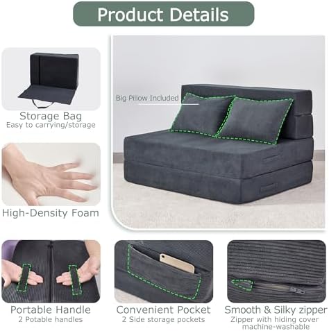 Folding Sofa Bed, Convertible Sleeper Chair Bed, Floor Sofa with Bag | Fold out chair bed/ couch bed, Foam floor futon sofa bed with pillow for guest/ visitor use as temporary floor bed, for adult