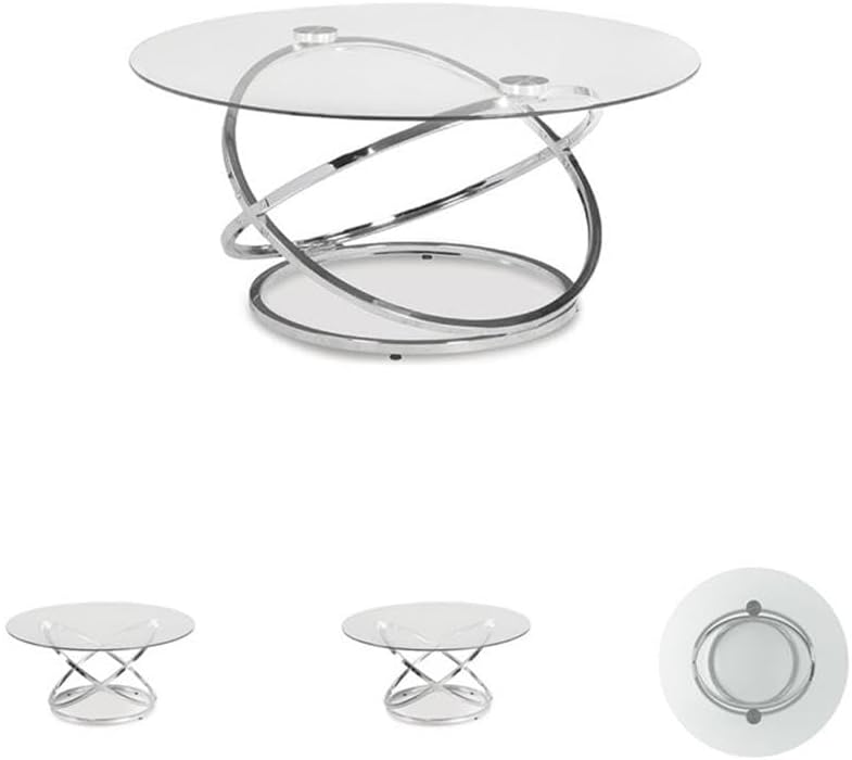 BOWERY HILL Modern 3-Piece Coffee Table Set, Glass Top with Chrome Metal Rings, Includes 1 Coffee Table and 2 End Tables, Adjustable Levelers, Tempered Glass, Contemporary Living Room Furniture