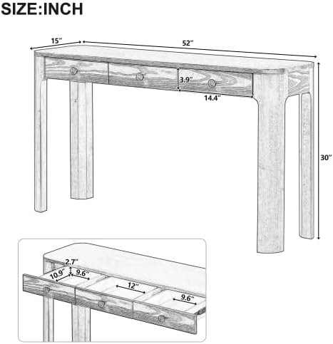 Bellemave 52" Rustic Console Table with 3 Drawers & Curved Corners, Wooden Sofa Tables Behind the Couch, Narrow Entryway Table with Thick Legs for Entrance, Hallway & Living Room (Espresso)