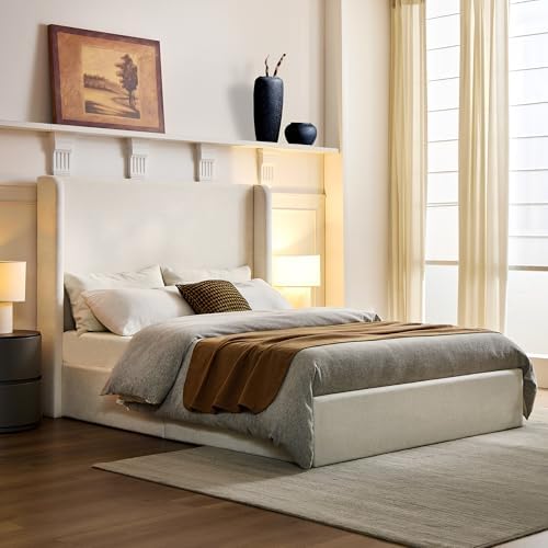 Full Size Upholstered Platform Bed Frame, 53.5" High Headboard Carmen Wingback Beds, Tall Headboard Floor Bed Frames, No Box Spring Needed No Noise, Minimalist, Textured Ivory