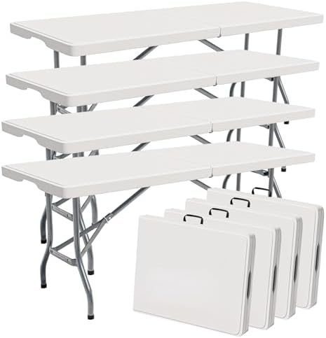 6ft Table Large Folding Table White Folding Table with Portable Carrying Handle 6ft Heavy Plastic Foldable Table for Party, Wedding, Events, Dining, Camping, Picnic Indoor (White, 4 Pcs)