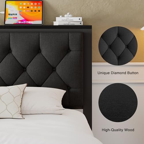 Einhomn Full Size Bed Frame with 2 Storage Drawers, Metal Platform Bed with Charging Station, Upholstered Linen Button Tufted Storage Headboard, No Box Spring Needed, Easy Assembly, Noise Free, Black