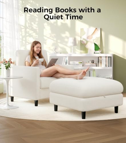 Welzona Sofa Accent Chair with Ottoman, 33" Teddy Reading Chair and Ottoman | Comfy Teddy Fabric, Tool-free Setup, Washable Covers, All-wood Chair and Ottoman Sets for Living Room, Bedroom, Beige