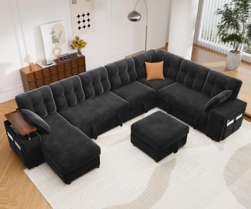 Vipbear 130" Modular Sectional Sleeper Sofa with Pull Out Bed, 9 Seat L Shaped Couch with Ottoman & Chaise/Reclining Backrest/Lift-Top Storage Arms/USB/LED Light/Tool-Free Assembly, Chenille Black