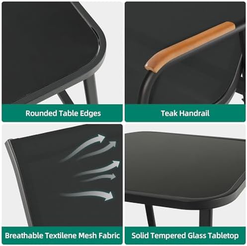 YITAHOME 3 Piece Patio Glider Set Textilene Gliders Outdoor Furniture Black | Heavy-duty Patio Glider Set w/Breathable Fabric, Smooth Gliding, Wooden Armrest, Tempered Glass Table, Easy Assembly Cleaning