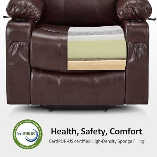 MCombo Power Lift Recliner Chair for Elderly, Heat and Massage 7040(Medium) | FSC Certified, Multiple Sizes, USB&Type C Charging Port, Cup Holders, Side Pockets, Dark Brown Faux Leather