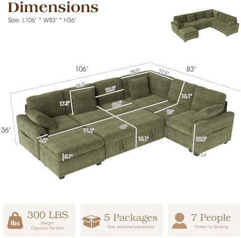 Ihanherry 7-Seater Large Sectional Sofa Bed with Storage Ottoman & Lovescat, Corduroy Modular Sleeper Sofa Set with USB Port & 4 Pillows, 106" U-Shaped Convertible Couch for Living Room（Green）