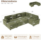 Ihanherry 7-Seater Large Sectional Sofa Bed with Storage Ottoman & Lovescat, Corduroy Modular Sleeper Sofa Set with USB Port & 4 Pillows, 106" U-Shaped Convertible Couch for Living Room（Green）
