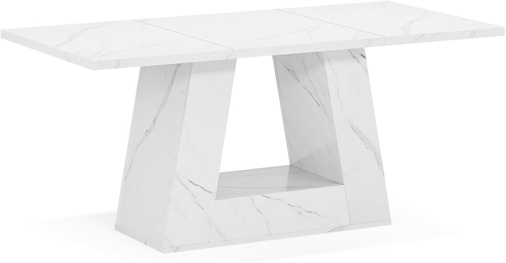 63" White Dining Table for 4-6 People, Modern Faux Marble Wooden Table with Sturdy Base for Dining Room