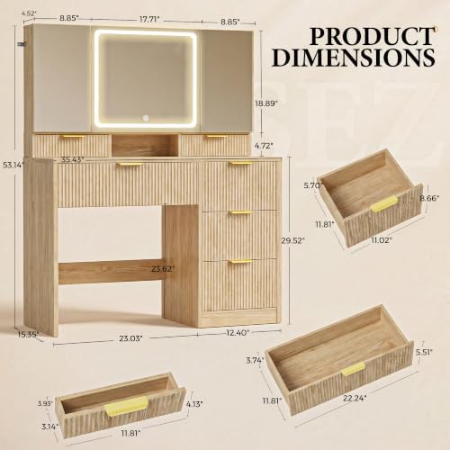 COMHOMA Vanity Desk with 3-Way Mirror and Lights, Makeup Vanity with 360° View Mirror, 3 Lighting Modes, 6 Drawers,Storage Cabinet Fluted Wood Vanity Table with Jewelry Hook for Women Girls