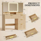 COMHOMA Vanity Desk with 3-Way Mirror and Lights, Makeup Vanity with 360° View Mirror, 3 Lighting Modes, 6 Drawers,Storage Cabinet Fluted Wood Vanity Table with Jewelry Hook for Women Girls