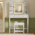 Vanity Desk with LED Mirror, 3 Lighting Modes and Chair | Small Makeup Vanity Table Set with Drawers, Dressing Table with Power Outlet for Girls Bedroom, White