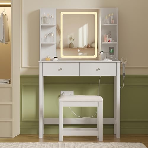 Vanity Desk with LED Mirror, 3 Lighting Modes and Chair | Small Makeup Vanity Table Set with Drawers, Dressing Table with Power Outlet for Girls Bedroom, White