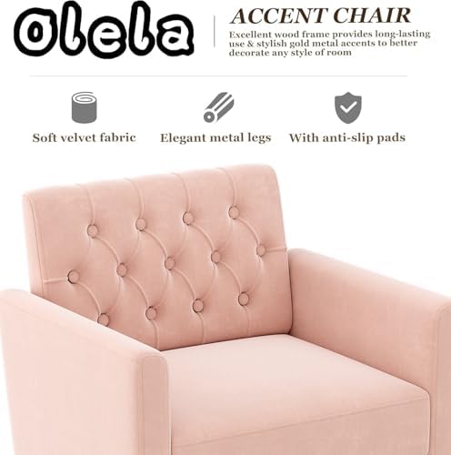 Olela Accent Chair with Arm for Living Room, Velvet Modern Armchair, Pink | Single Sofa Cozy Tufted Upholstered Reading Side Chairs with Gold Metal Leg for Bedroom Decorate