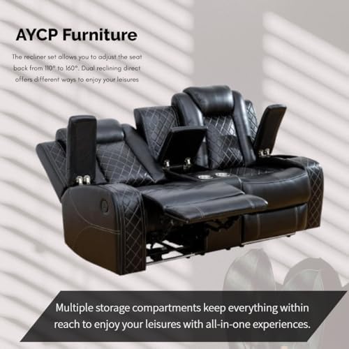 Power Recliner Set with LED Lights, Air Leather Reclining Set with USB Port/Wireless Charger/Storage Console/Cup Holder for House/HomeTheater/Apt (Black, Sofa Loveseat Chair)