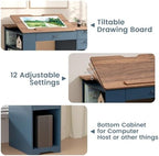 Drafting Table with Storage Cabinet & Drawers, Adjustable Drawing Desk with Open Shelves, Craft Table Painting Desk for Artists, Painters, Drawing, Crafting, Reading, Writing, Working (Blue)