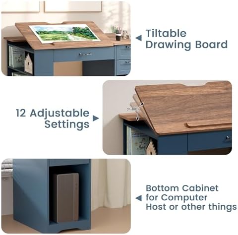 Drafting Table with Storage Cabinet & Drawers, Adjustable Drawing Desk with Open Shelves, Craft Table Painting Desk for Artists, Painters, Drawing, Crafting, Reading, Writing, Working (Blue)