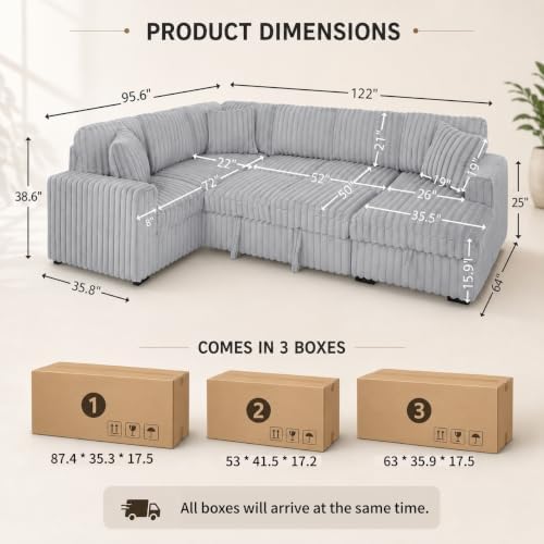 THSUPER 122-Inch Oversized U Shaped Plush Corduroy Fluffy Sectional Sleeper Sofa with Pull Out Bed, Storage Chaise Lounge and USB Charging Port - Gray