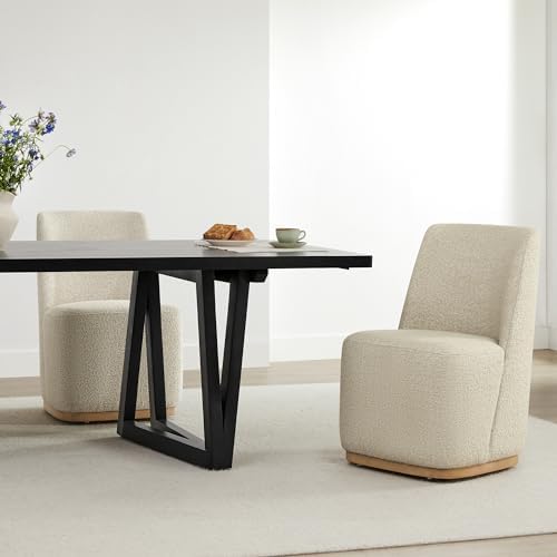 CHITA Upholstered Rolling Dining Chair on Casters Set of 4, Oatmeal | FSC Certified Modern Fabric Dining Chair with Casters, Boucle Dining Chairs for Reading Room Kitchen Dining Room
