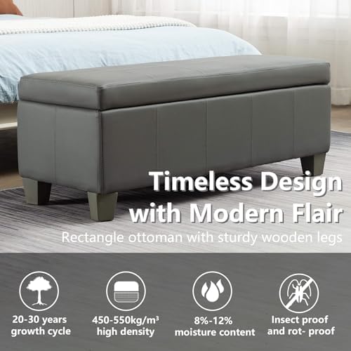 41" Storage Ottoman, Storage Bench with Safety Hinge, Upholstered Synthetic Leather Ottoman Bench for Bedroom, Living Room, Entryway, Hallway, Foot Rest, Support 500lbs, Grey