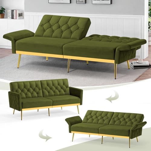 Velvet Sofa Set w/Adjustable Armrests & Backrests, Olive Green | Tufted Accent Chair w/Ottoman & Convertible Futon Sofa Bed, 2 Pieces Comfortable Couch Set for Living Room, Apartment