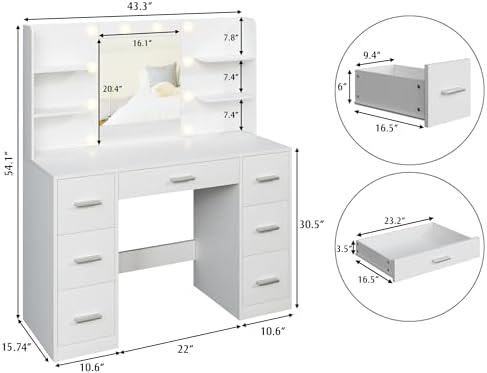 YESHOMY Vanity Desk with Mirror, Outlet, 10 Lights & 7 Drawers,Pure White | Lighted Mirror with 3 Color Modes,Makeup Table,Large Storage Capacity,Available for bedroom