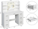 YESHOMY Vanity Desk with Mirror, Outlet, 10 Lights & 7 Drawers,Pure White | Lighted Mirror with 3 Color Modes,Makeup Table,Large Storage Capacity,Available for bedroom