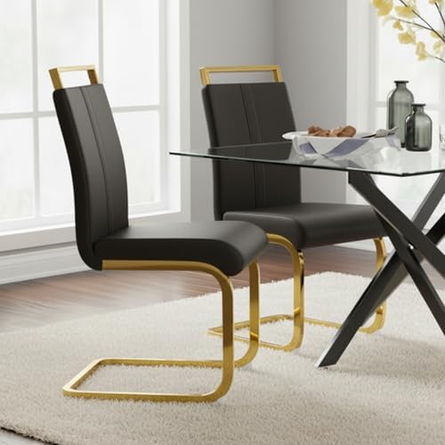 Set of 2 Modern Dining Chairs - Black PU Faux Leather Upholstered Armless Side Chairs with Cushioned Seat & Sturdy Metal Legs for Dining Room & Kitchen